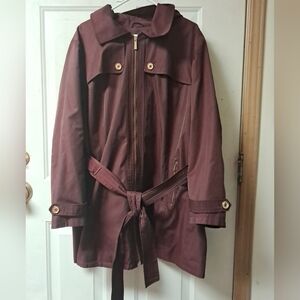 Michael Kors Womans 3X Burgundy Full Zip Hooded Trench Coat.